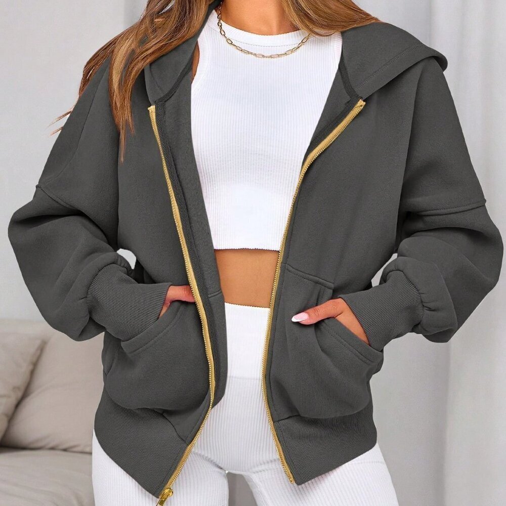 Dark Grey Women's Casual Zipper Hoodie Sweatshirt